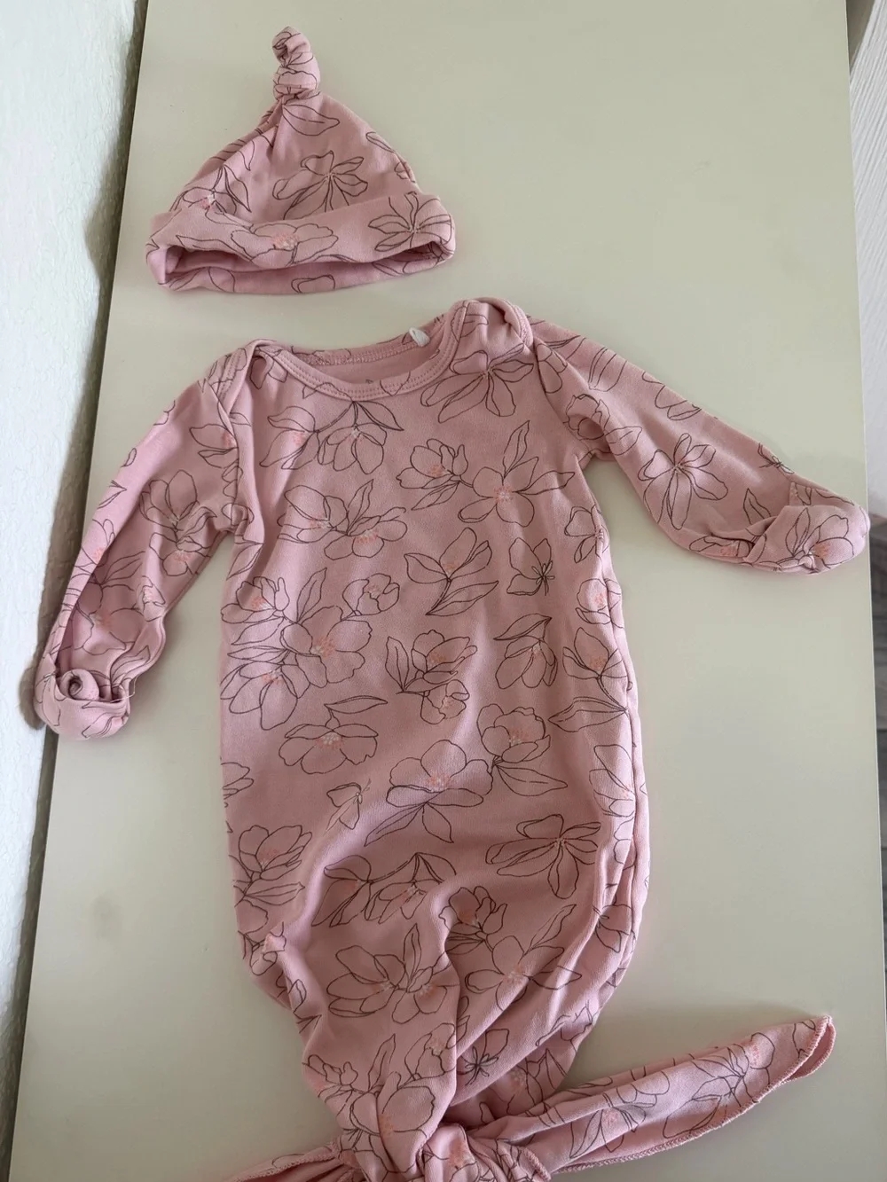 Pink Floral Baby Gown & Knot Hat Set